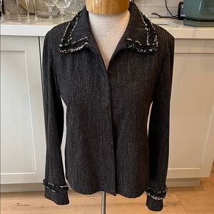 Chic Linda Lundstrom Black Tweed Jacket with Fringe Details at collar and cuff